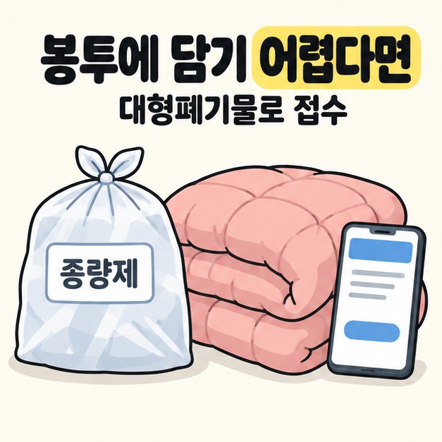 봉투에 담기 어렵다면 대형폐기물로 접수하라는 문구 아래 묶인 종량제봉투와 접힌 분홍색 이불, 접수 화면을 표시한 스마트폰이 놓여 있다.