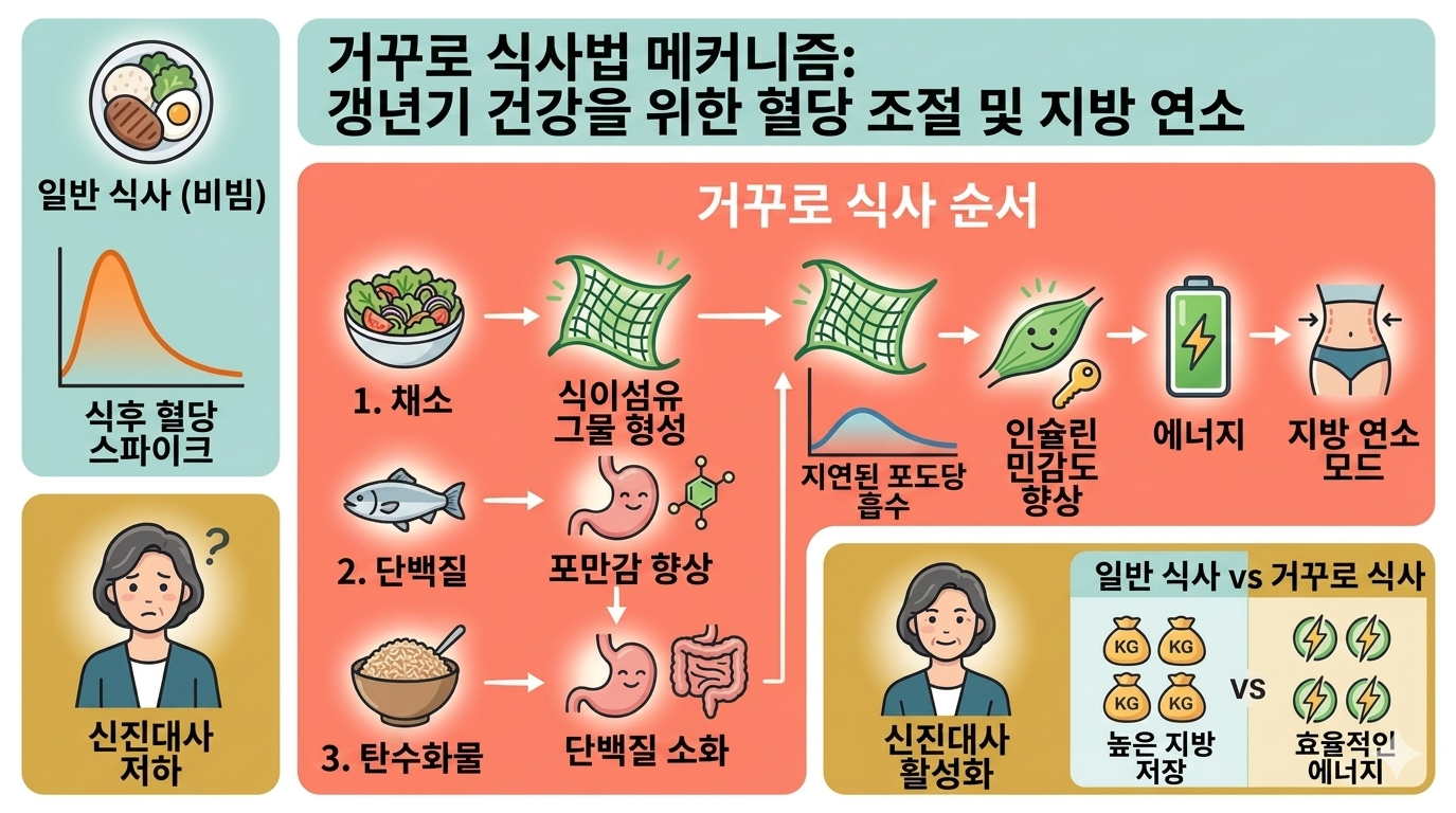 거꾸로 식사법의 메커니즘을 설명하는 한글 인포그래픽. 식이섬유(채소) 섭취로 장내 방어막이 형성되어 탄수화물 흡수가 지연되고, 인슐린 민감도가 향상되어 지방 연소 모드로 전환되는 과정을 일반 식사와 비교하여 보여줌.