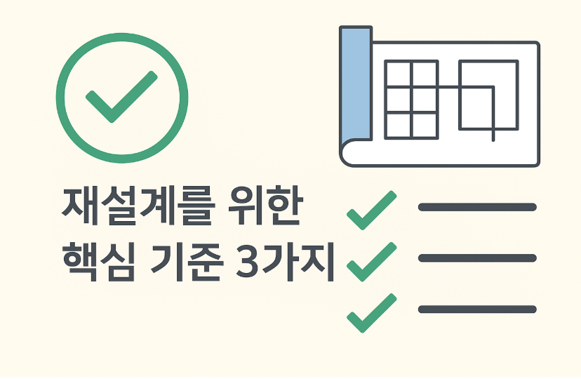 재설계 기준을 설명하는 체크 아이콘과 그리드 설계도