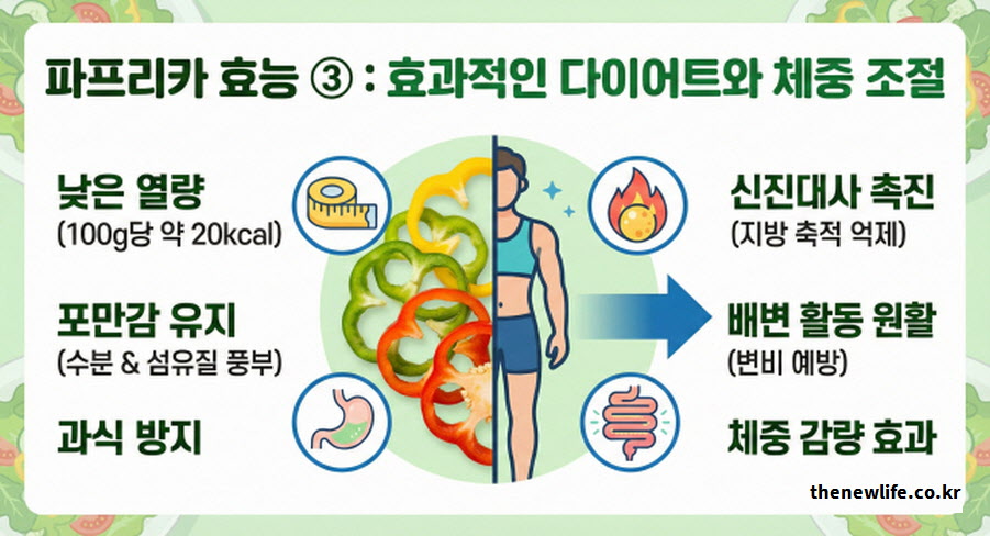 파프리카 효능 중 효과적인 다이어트를 돕는 낮은 칼로리와 신진대사 촉진 인포그래픽