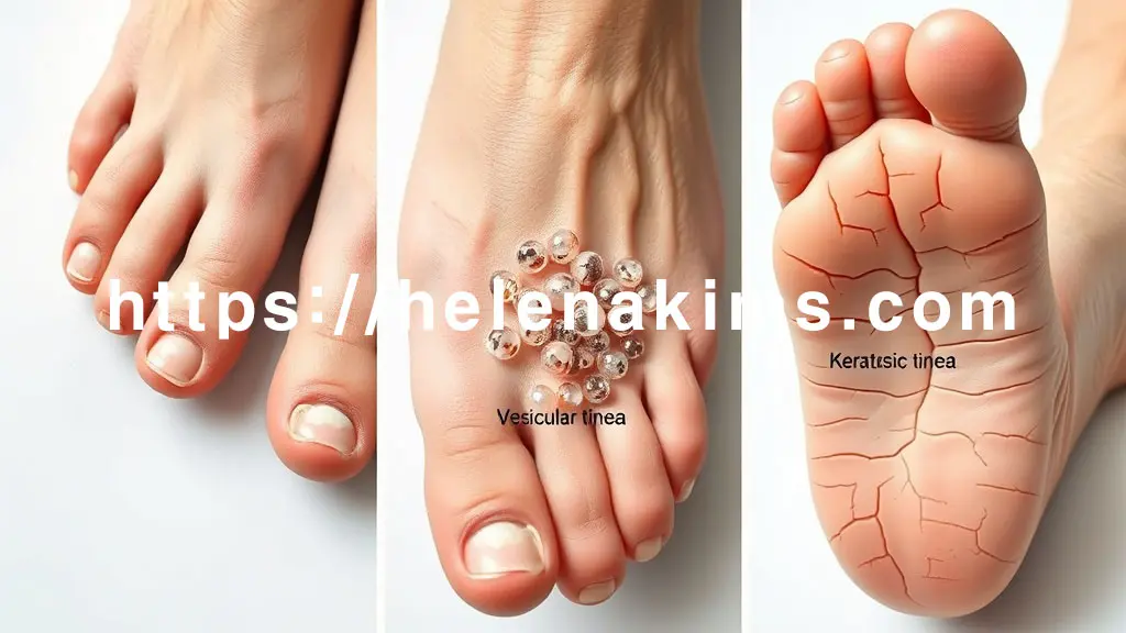 발가락 사이가 하얗게 짓무르고 갈라진 모습. 발바닥 작고 투명한 물집들이 다발성으로 잡힌 모습, 발바닥 피부 전체가 건조하게 두꺼워지고 깊이 갈라진 모습.