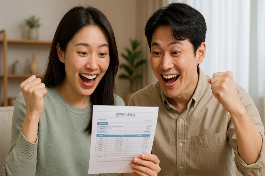 전기 절약으로 관리비의 납부액이 줄어든 것을 보고 좋아 하는 부부