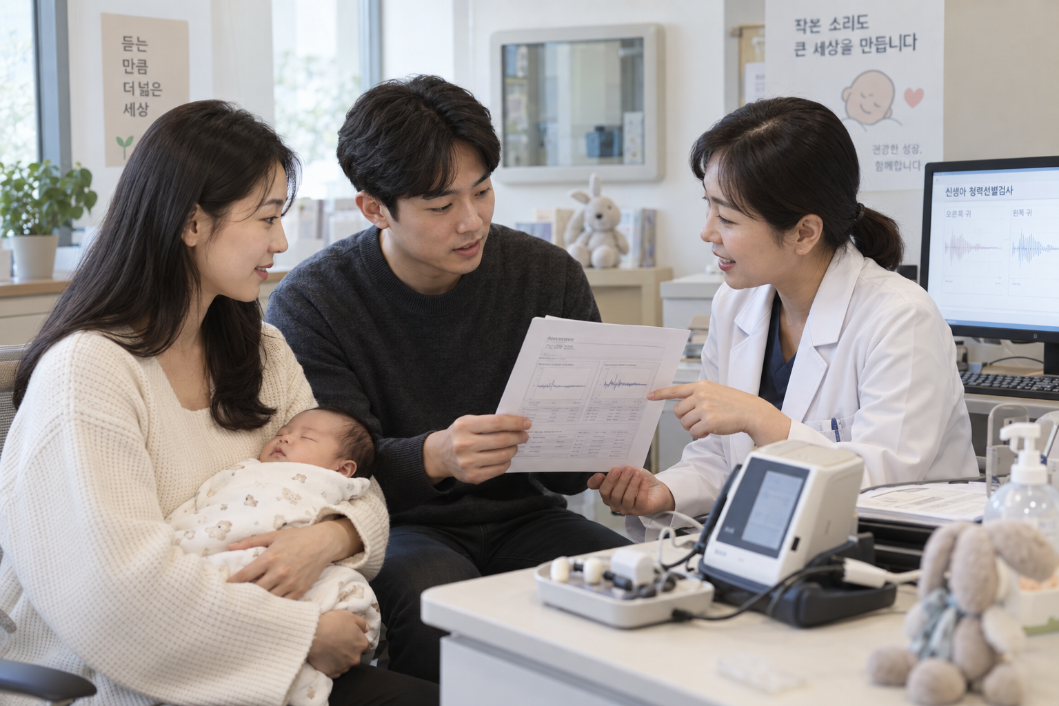 신생아 청각선별검사 재검 안내를 받았을 때, 결과 확인과 정밀검사 준비와 관련해 부모와 아이가 실제 상황에서 다음 행동을 확인하는 장면