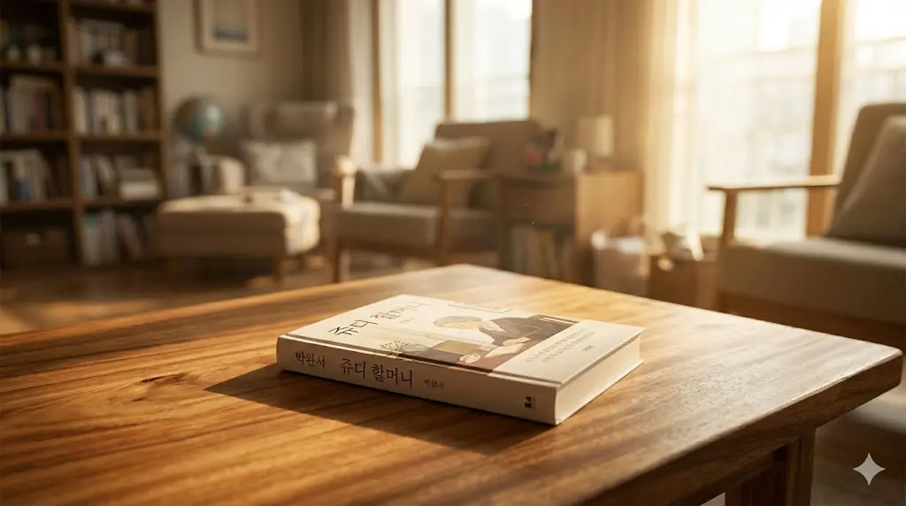 따뜻한 햇살이 비치는 거실 원목 테이블 위에 단정하게 놓인 박완서 작가의 쥬디 할머니 소설책 표지