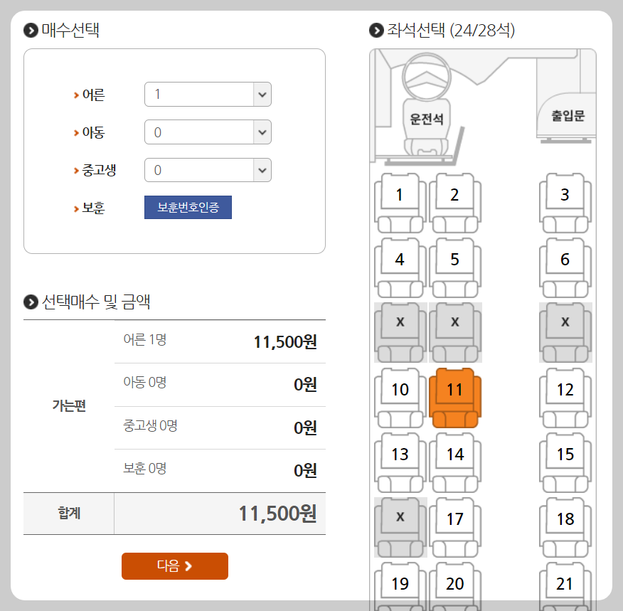 서울남부터미널시간표 잔여석선택