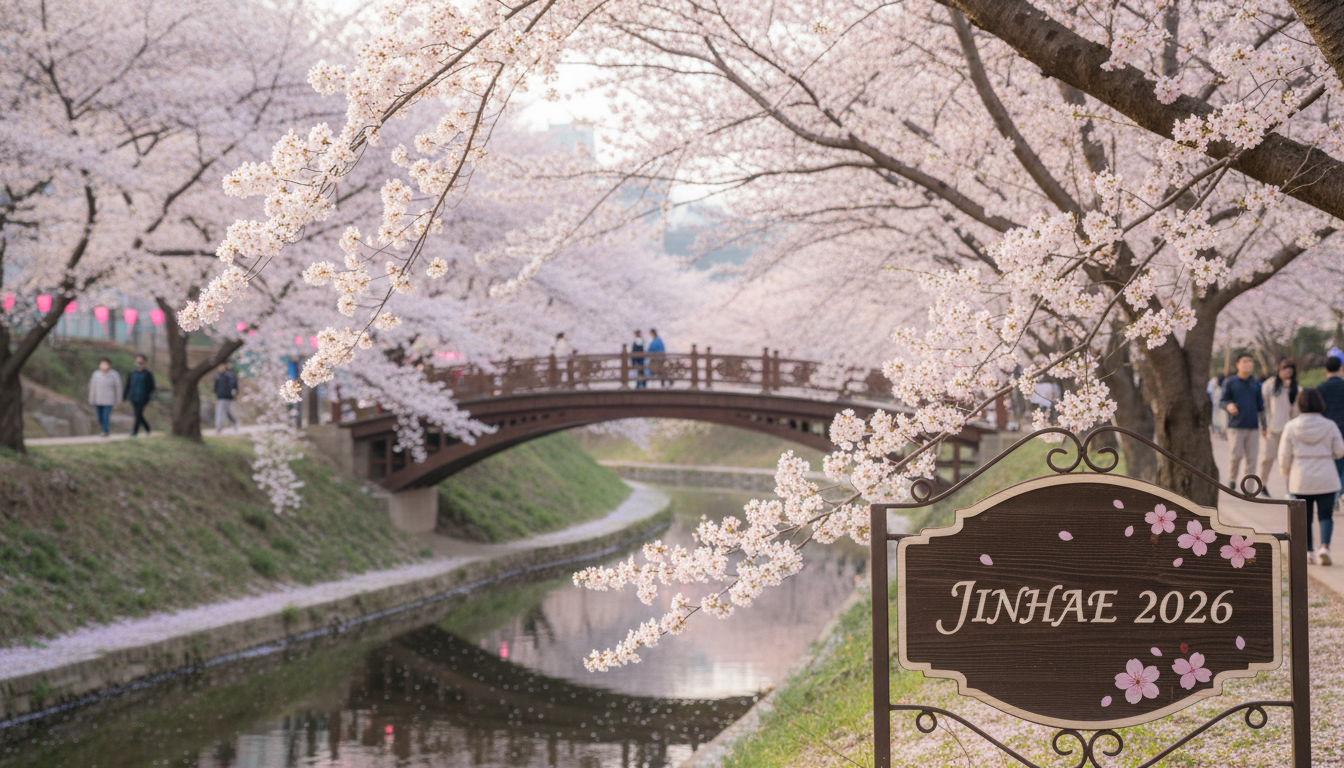 2026년 만개한 벚꽃이 흩날리는 진해 여좌천 로망스다리의 평화로운 아침 풍경