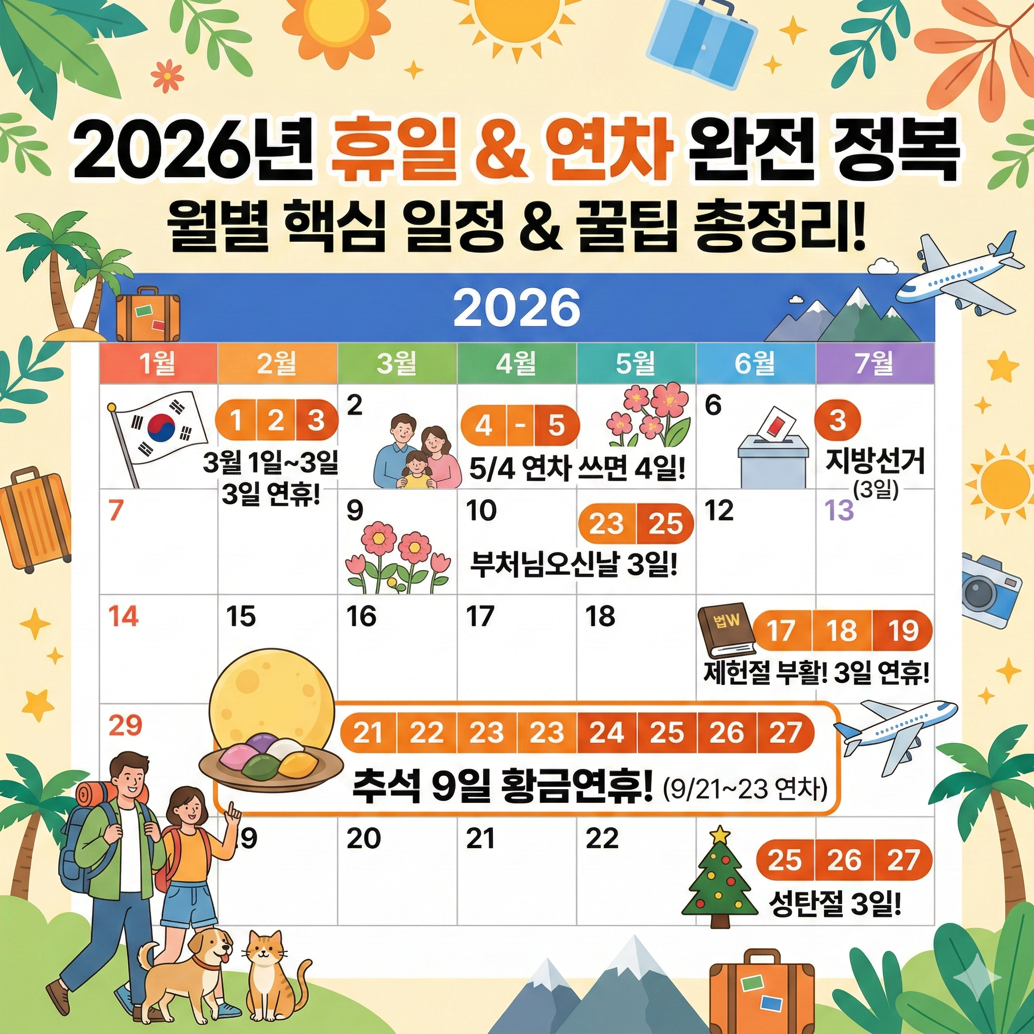 2026년 공휴일 총정리! 황금연휴 연차 활용 꿀팁과 월별 휴일 안내