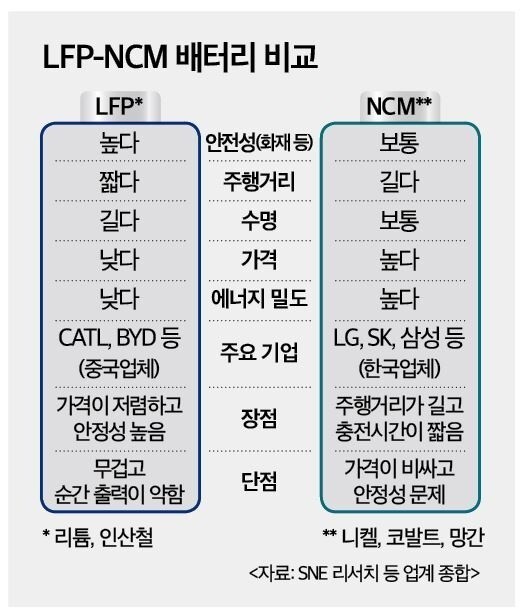 NCM 배터리와 LFP 배터리의 장단점