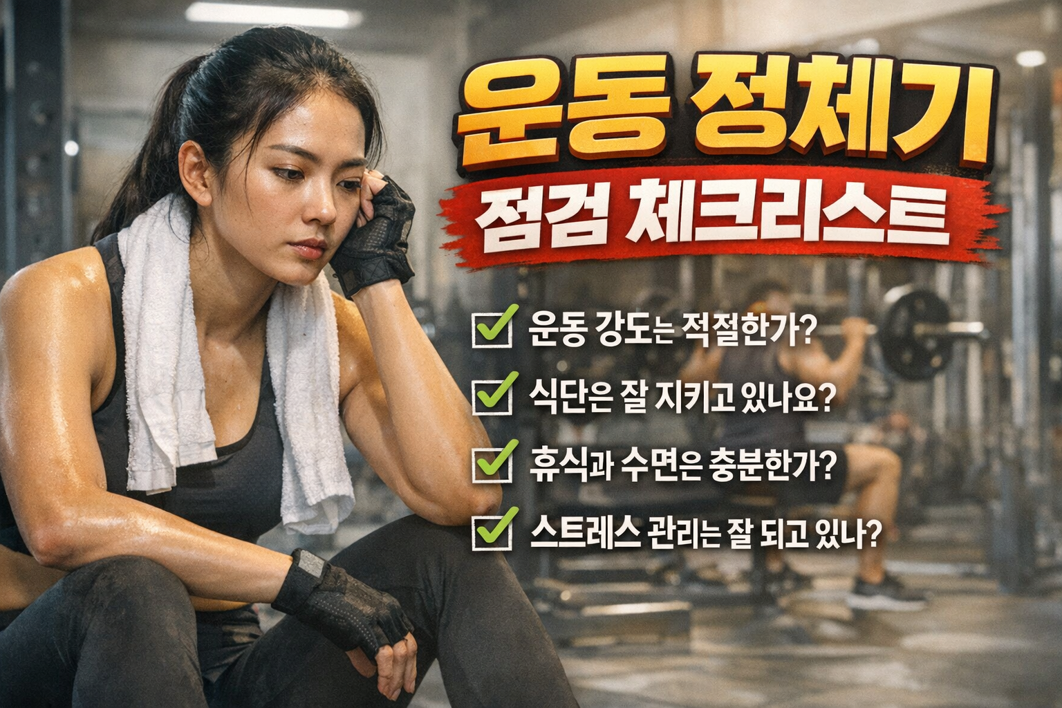운동해도 몸이 안 변하는 이유를 설명하는 이미지, 운동 강도와 식단, 수면, 스트레스 관리 여부를 점검하는 체크리스트 화면