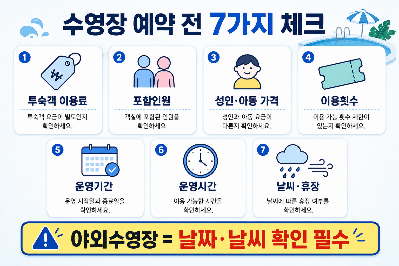 호텔 수영장 이용료 패키지 포함인원 운영시간 성수기 날씨 아동요금 체크리스트 이미지