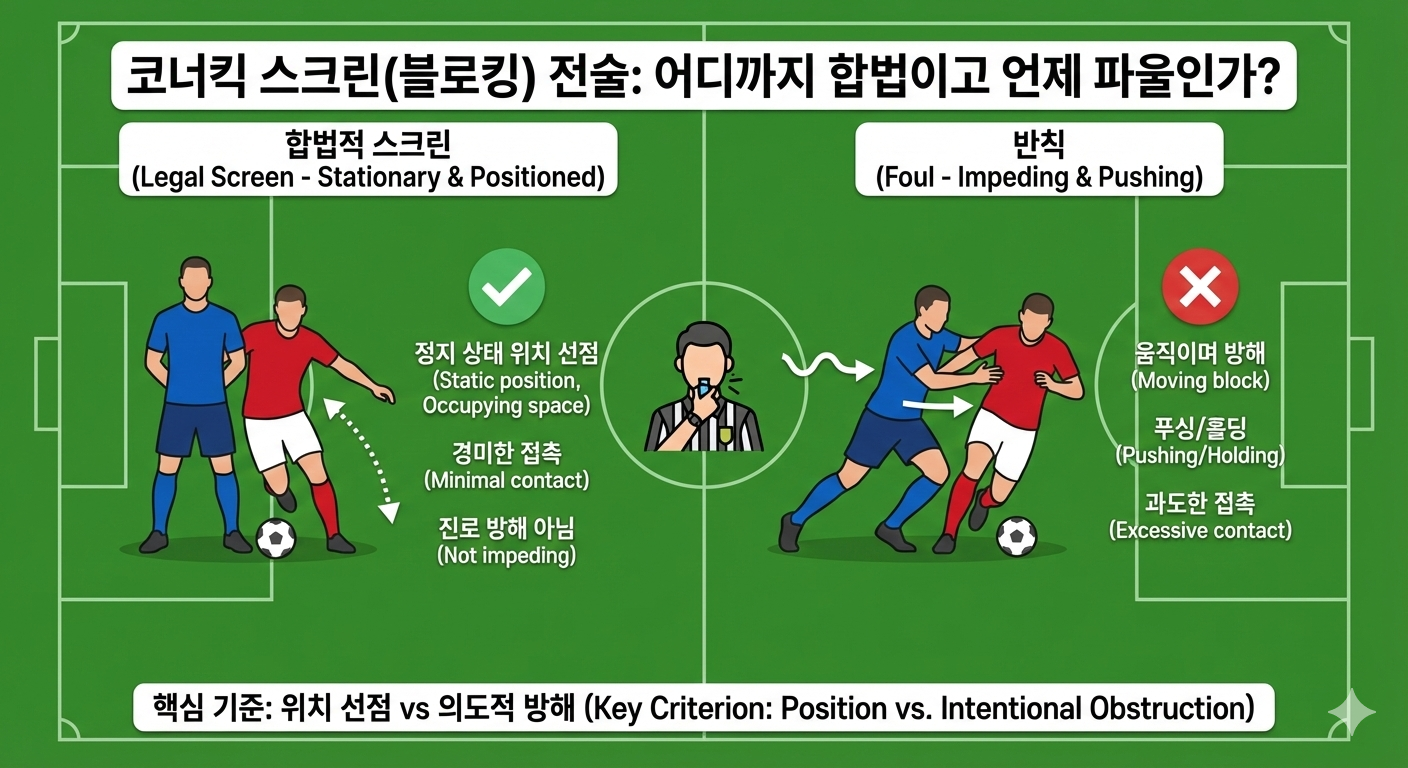 축구 세트피스 전술 코너킥 스크린(블로킹) 판정 기준: 정지 상태의 합법적 위치 선정(스크린)과 파울이 선언되는 이동 중 방해(차징/홀딩) 동작 비교 인포그래픽
