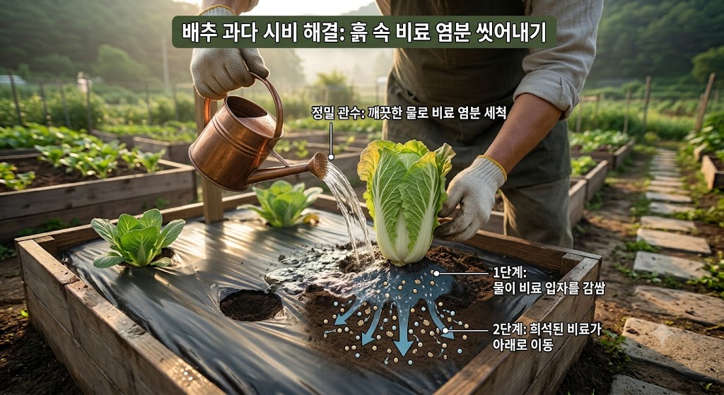 비료 가스 및 염류 피해를 입은 배추 포기 주위에 깨끗한 맹물을 충분히 공급하여 토양 염류 농도를 희석하는 모습