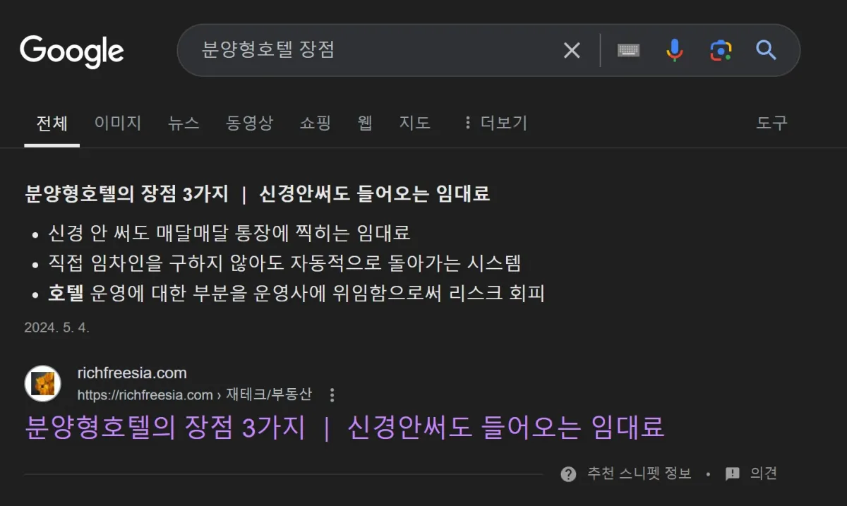 구글-분양형호텔-장점-스니펫-선정