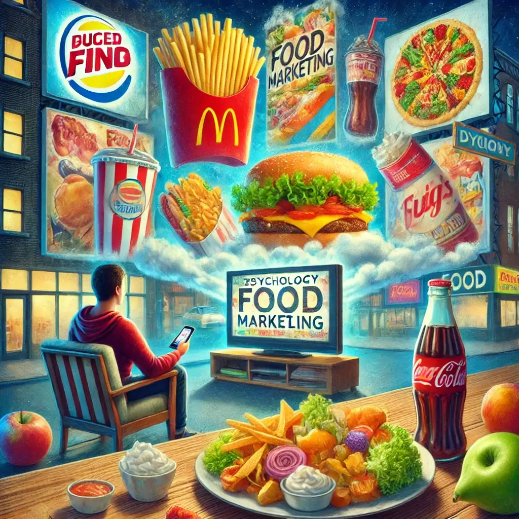 한 남성이 TV 속 광고를 보면서 머리속으로 피자, 햄버그, 등을 떠올리며 앉아있는 모습