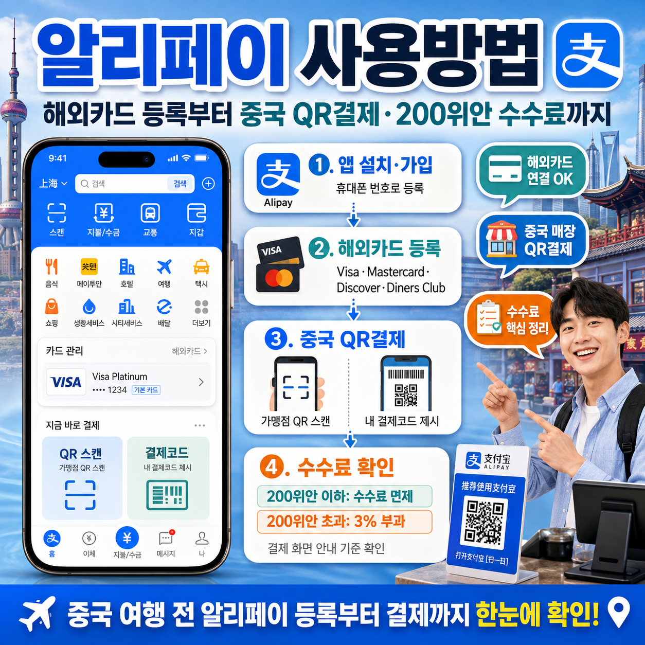 알리페이 사용방법｜해외카드 등록부터 중국 QR결제&middot;200위안 수수료까지