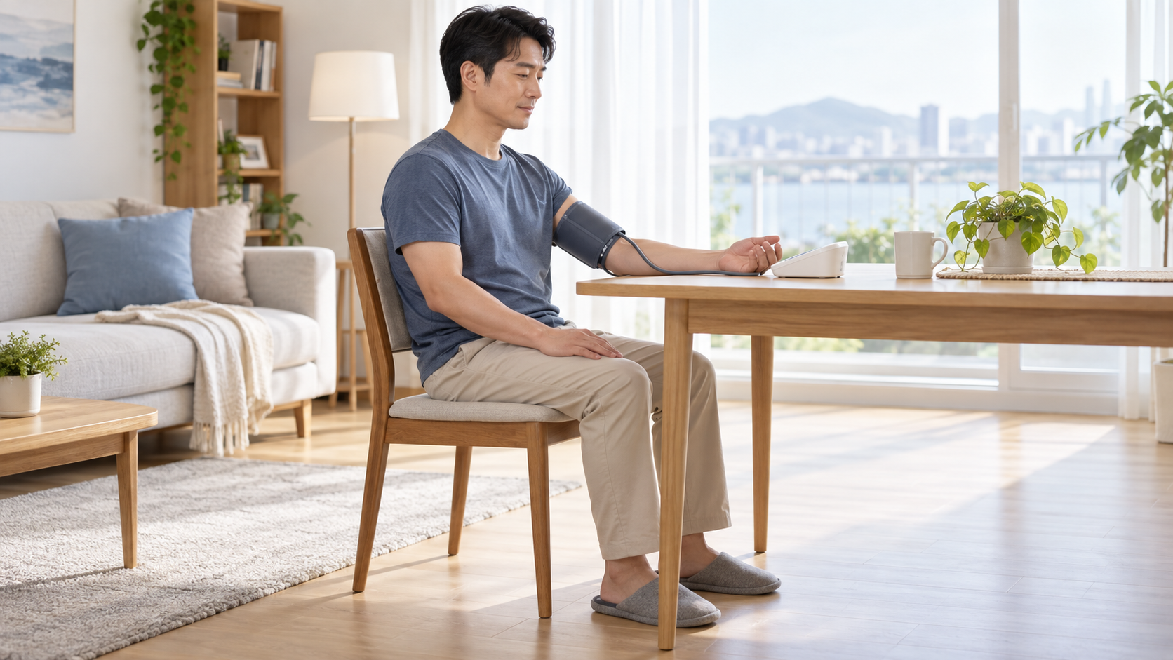 의자에 바르게 앉아 가정용 혈압계로 혈압을 측정하는 남성