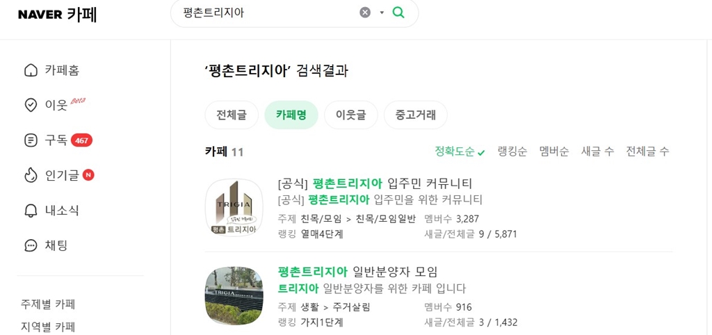 아파트 커뮤니티 예시-평촌트리지아아파트카페리스트