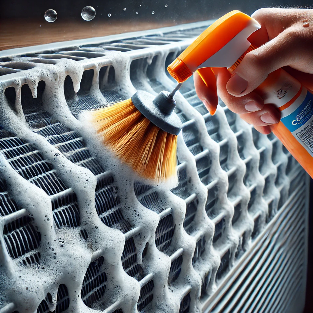 브러시로 에어컨 필터 청소 사진