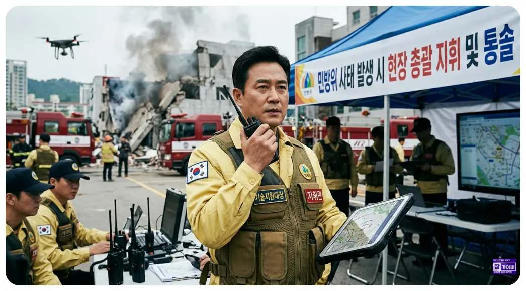 재난 현장이나 비상 상황에서 대장이 대원들을 이끌고 지휘통제소에서 상황을 판단하며 명령을 내리는 긴박하고 책임감 있는 모습을 담았습니다. 기사의 첫 번째 이미지 위치나 "민방위 기술지원대장은... 지휘와 통솔을 담당합니다."라는 문구 근처에 배치하기 적합합니다.