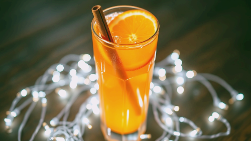 투명한 하이볼 잔에 담긴 오렌지색 음료. 오렌지 슬라이스와 시나몬 스틱이 들어있고, 잔 아래에는 반짝이는 장식용 조명이 깔려 있습니다.