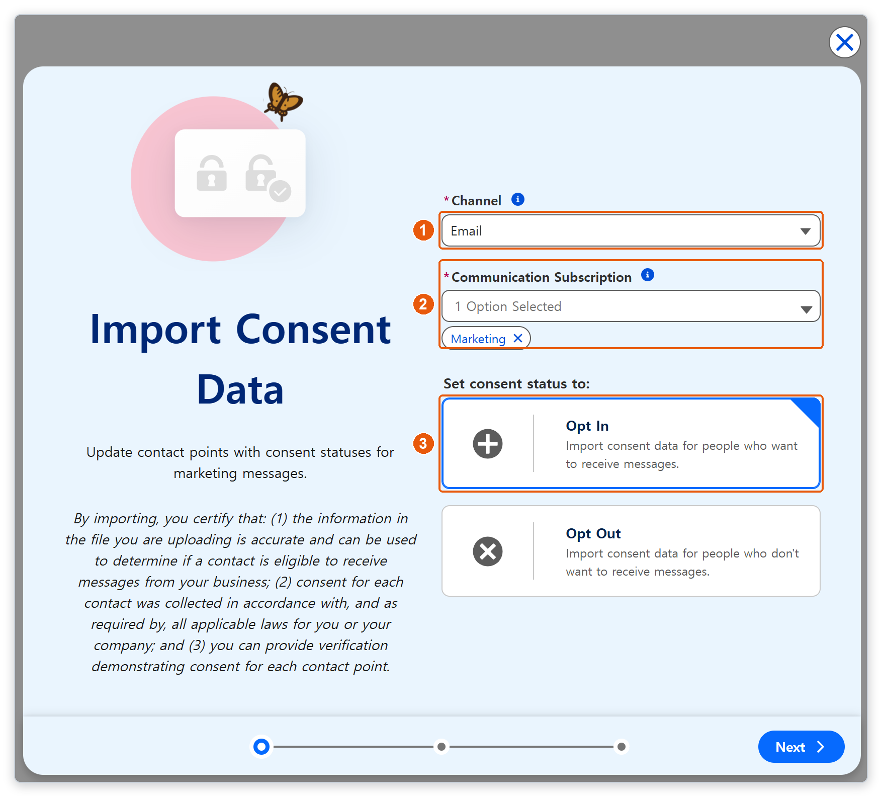 Import Consent Data 창에서 Channel Email, Communication Subscription Marketing, Opt In 카드가 번호로 강조되어 있다
