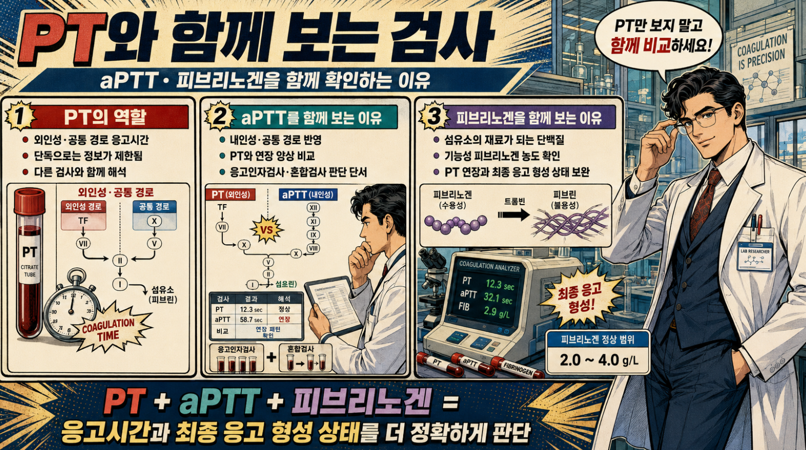 PT와 함께 확인하는 aPTT 및 피브리노겐 검사의 역할을 설명하는 혈액응고검사 메디컬 인포그래픽