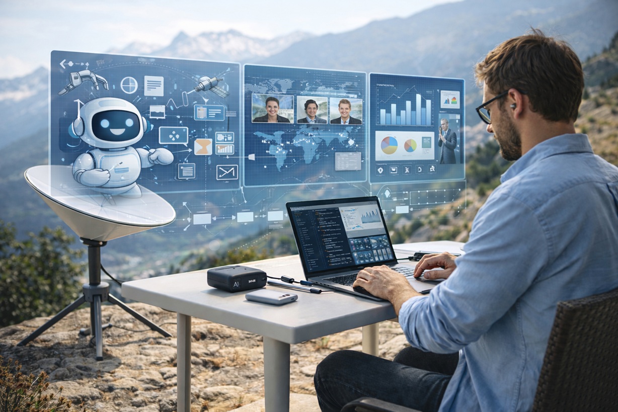 웅장한 산맥을 배경으로 야외 테이블에서 스타링크 미니 위성 안테나와 AI 노트북을 사용하는 남성. 눈앞에는 AR 글래스를 통해 투사된 세 개의 가상 모니터가 떠 있으며, 왼쪽 모니터에는 귀여운 로봇 형태의 AI 에이전트가, 중앙과 오른쪽에는 화상 회의 및 데이터 분석 차트가 표시되어 있는 하이테크 솔로프러너의 업무 전경.