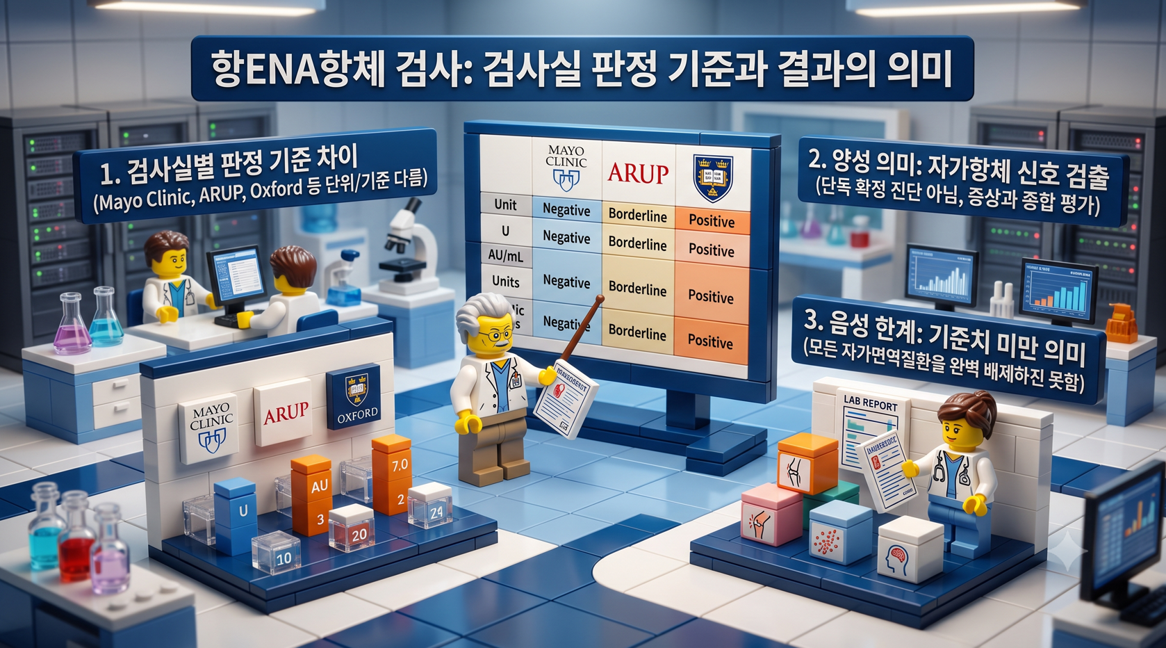3D 레고 스타일 통합 진단 센터, '함께 판단하는 연관 검사와 그 이유' 메인 패널과 홀로그램 테이블에 모여 검사 결과를 분석하는 의사 미니피규어
