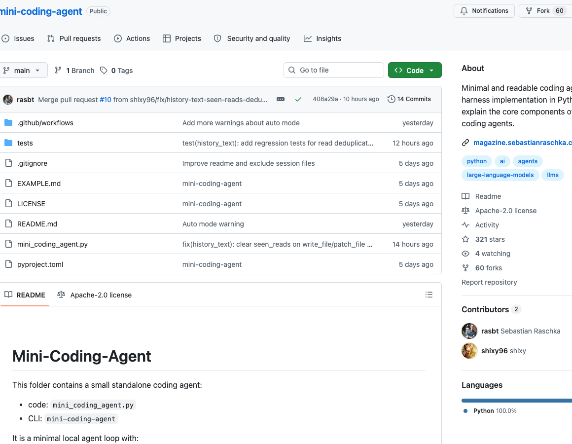 Raschka의 mini-coding-agent 저장소 상단 캡처