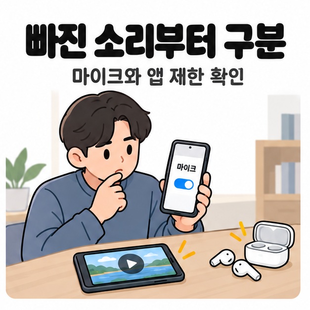 인물이 마이크 사용이 켜진 스마트폰을 확인하고 책상에는 영상 재생 기기와 무선 이어폰이 놓인 모습