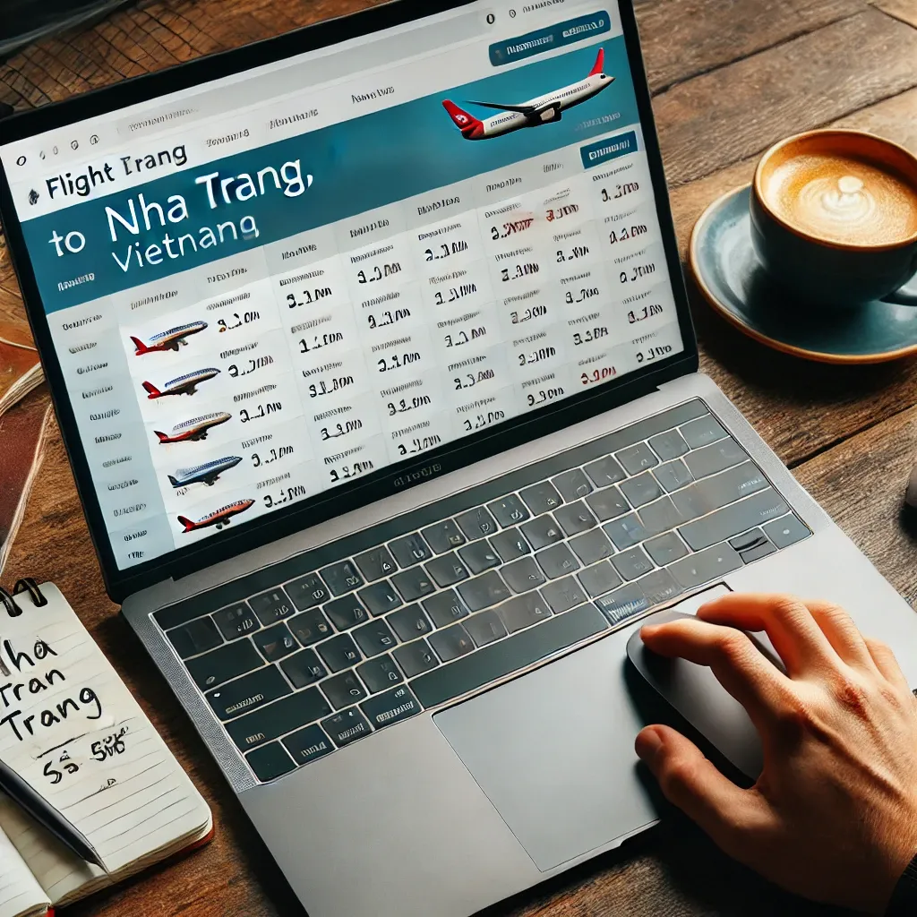 나트랑 여행을 위한 항공편 비교 화면을 보여주는 노트북.