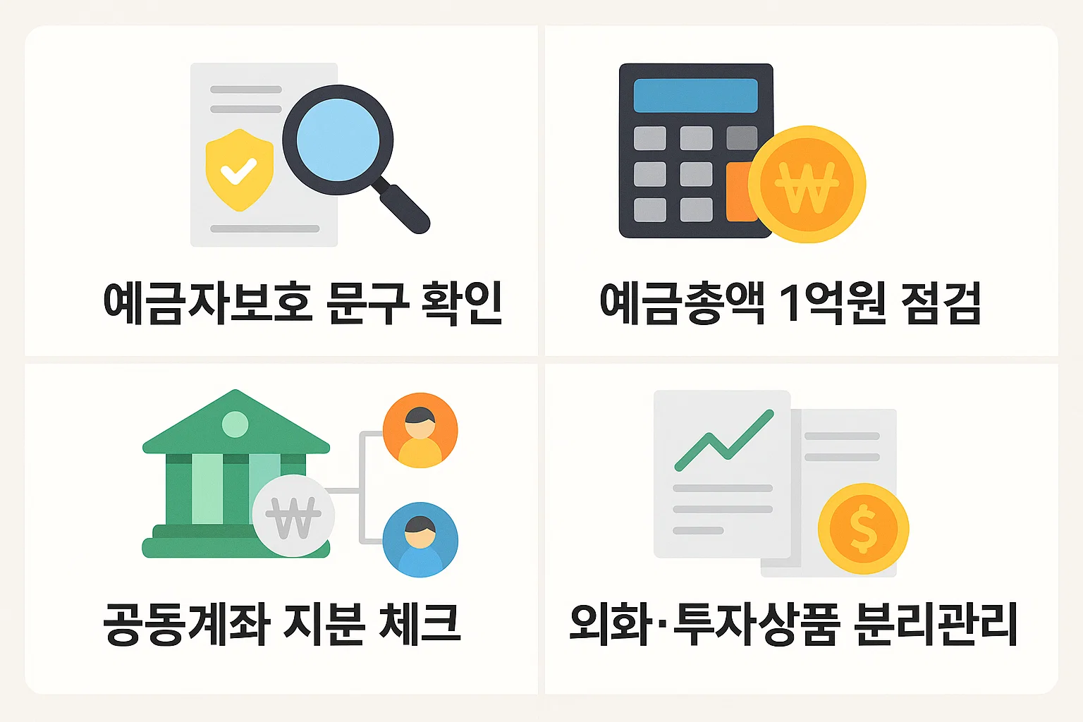 카카오뱅크 예금자보호 문구 확인, 총 예금액 점검, 공동계좌 지분 확인, 외화&middot;투자상품 분리관리 등 꼭 확인해야 할 핵심 체크리스트 인포그래픽