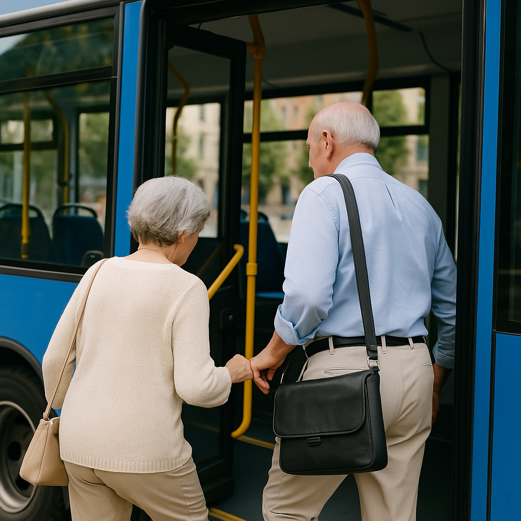 카카오맵 홈버튼으로 확인하고 버스를 올라타는 노부부 이미지