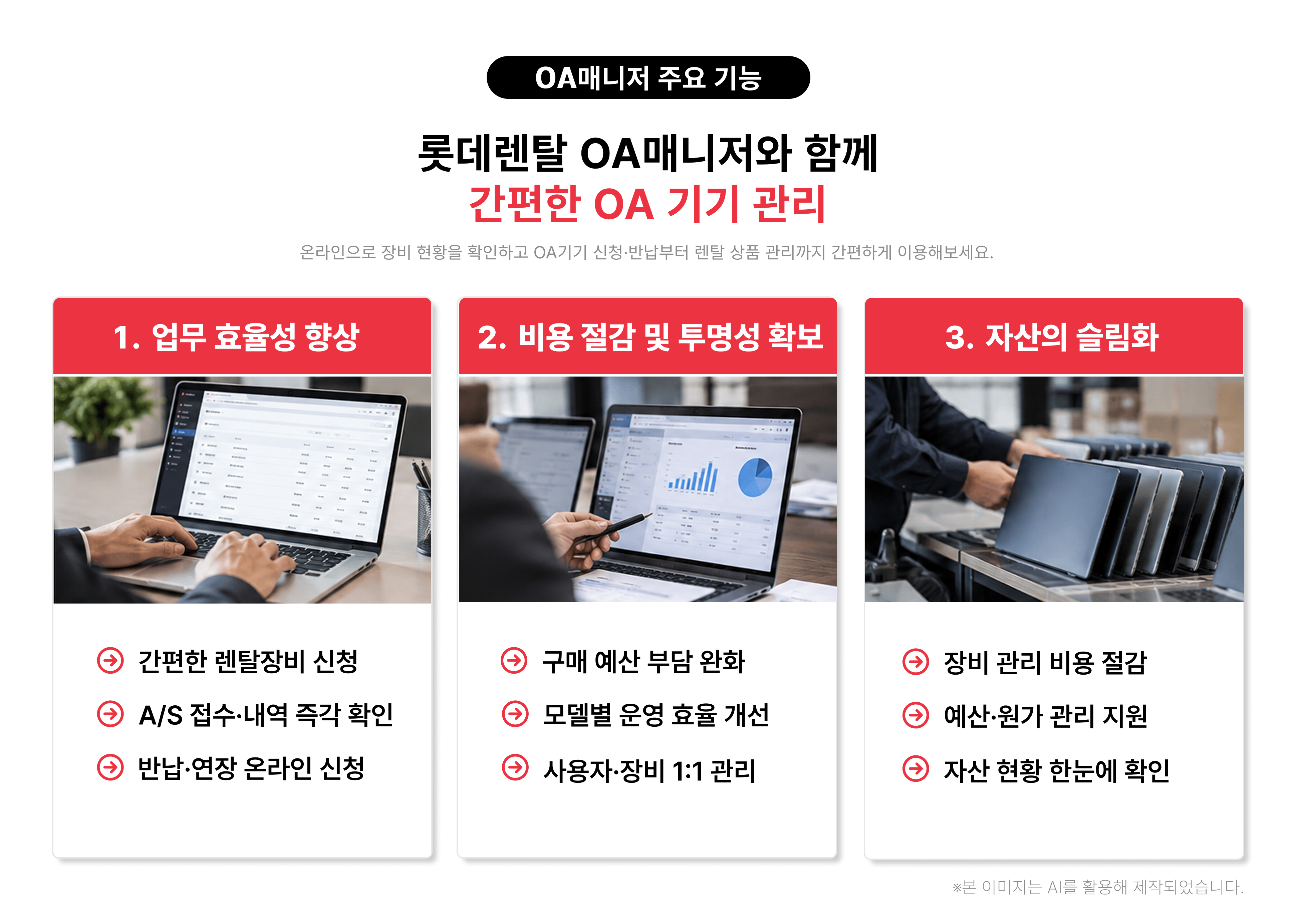 롯데비즈렌탈 OA매니저의 장비 현황 조회와 A/S 및 계약 관리 기능