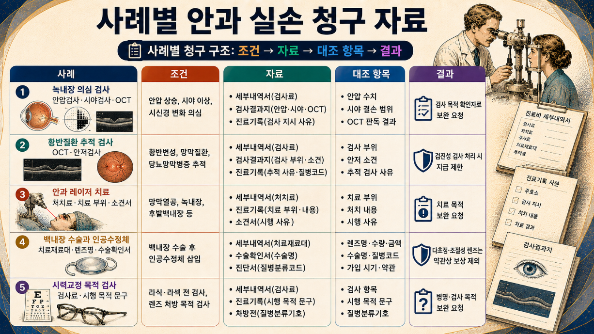 녹내장 검사, 황반질환 추적 검사, 레이저 치료, 백내장 수술, 시력교정 검사 사례별 안과 실손 청구 자료 인포그래픽