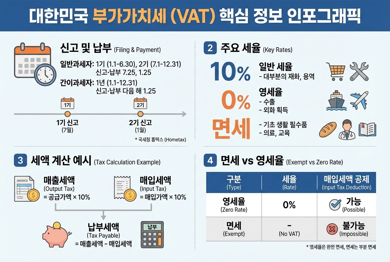 부가가치세 신고기간, 납부기한, 세율, 영세율·면세, 환급과 가산세 핵심 요약 이미지