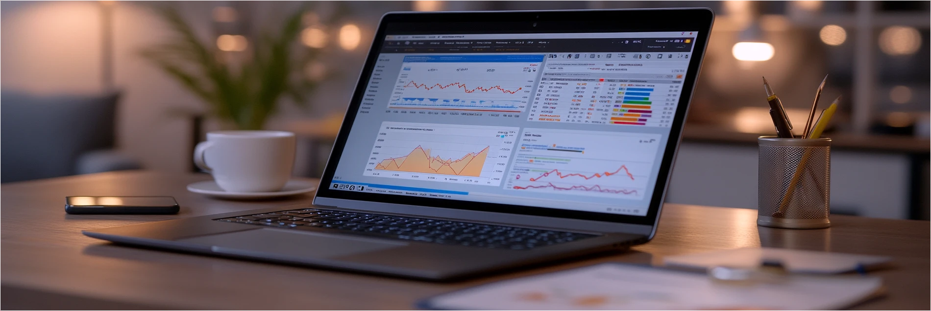 A photorealistic close-up of a sleek modern laptop displaying a digital marketing dashboard filled with colorful charts and analytics. The screen showcases various graphs and numerical data, though the exact text is blurred, emphasizing the business context rather than specific words. The laptop sits on a stylish wooden desk, alongside a cup of coffee, a smartphone, and an open notebook. The screen emits a soft glow, illuminating the workspace with a professional and tech-savvy feel. Cinematic lighting, ultra-detailed, hyper-realistic textures, 8K resolution