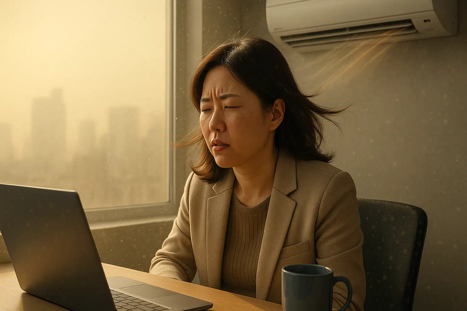 겨울 난방으로 건조한 사무실과 미세먼지로 뿌연 도시 배경, 공기 중 먼지를 시각적으로 표현, 창문 밖 황사, 실내 에어컨 바람이 사람 얼굴로 직접 향하는 장면