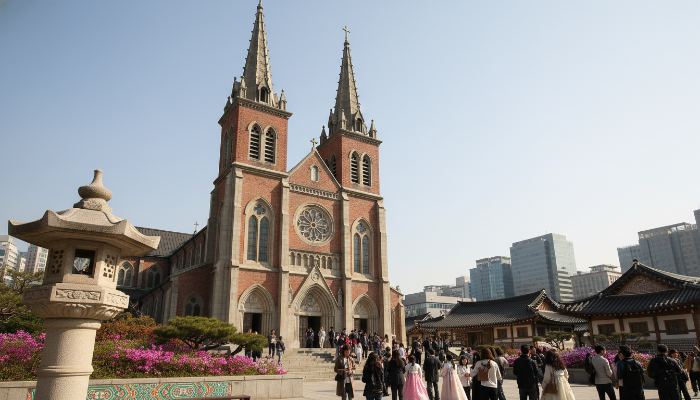 고딕 양식의 아름다운 명동성당 전경과 주변의 현대적인 서울 풍경.