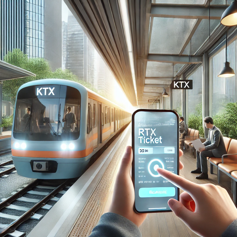 스마트폰으로 KTX 티켓을 예약하는 사용자의 사실적인 묘사. 깨끗하고 생동감 있는 환경