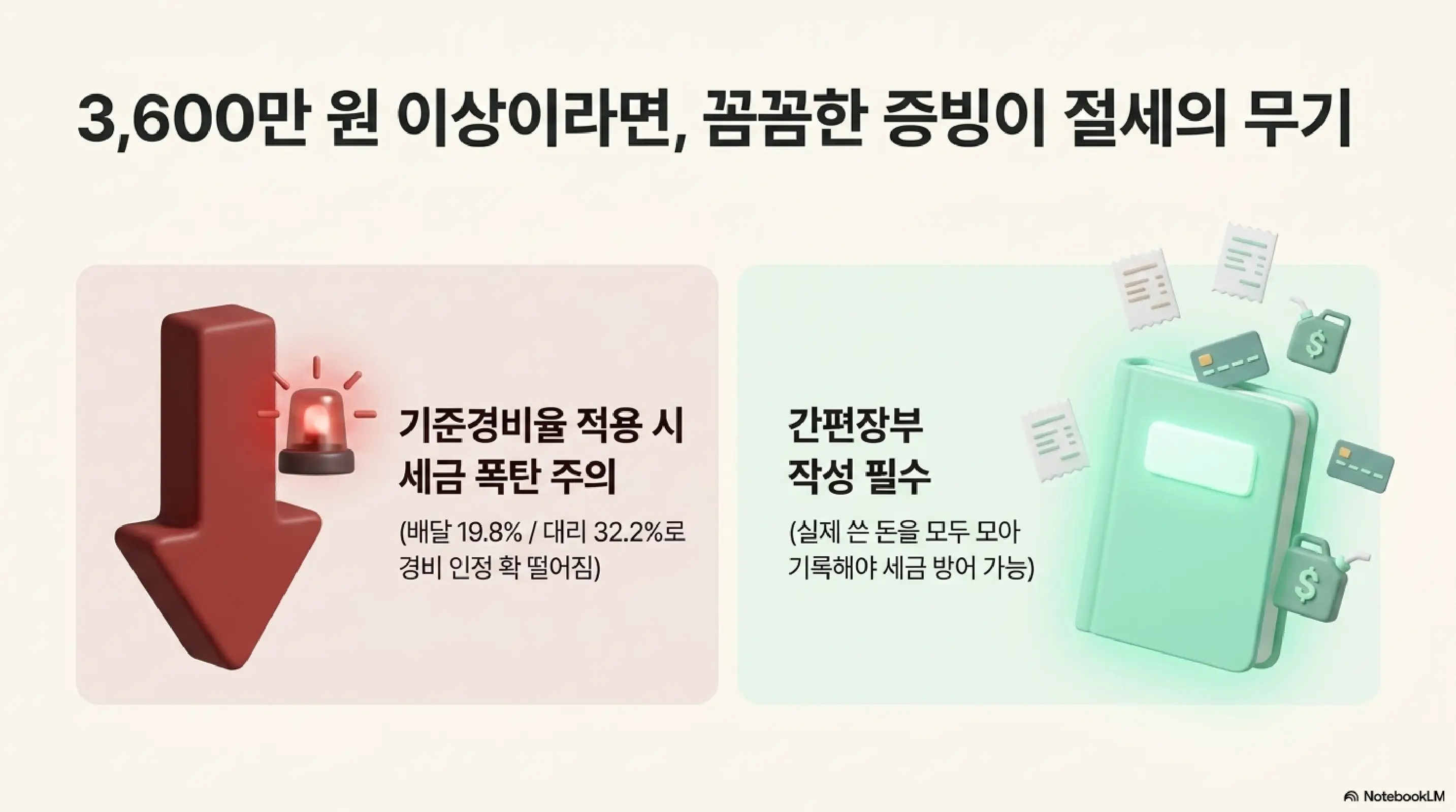배달라이더 종합소득세 신고: 수입 3600만 원 이상 배달라이더·대리기사가 기준경비율 적용 시 세금 폭탄 주의(배달 19.8% 대리 32.2%로 경비 인정 확 떨어짐)와 간편장부 작성 필수(실제 쓴 돈을 모두 모아 기록해야 세금 방어 가능)를 경고하는 인포그래픽 이미지