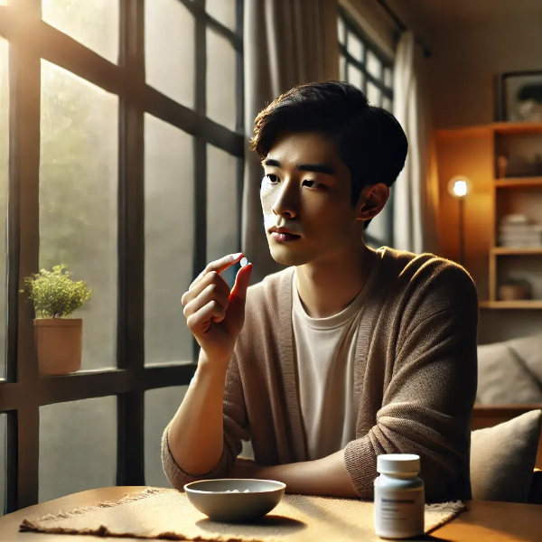 창가에서 불안장애 약물 복용을 고민하는 동양인 남성