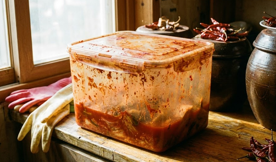 김치 냄새 밴 플라스틱 통, 버리려고요? '설탕물' 부어두면 거짓말처럼 새 통 됩니다.