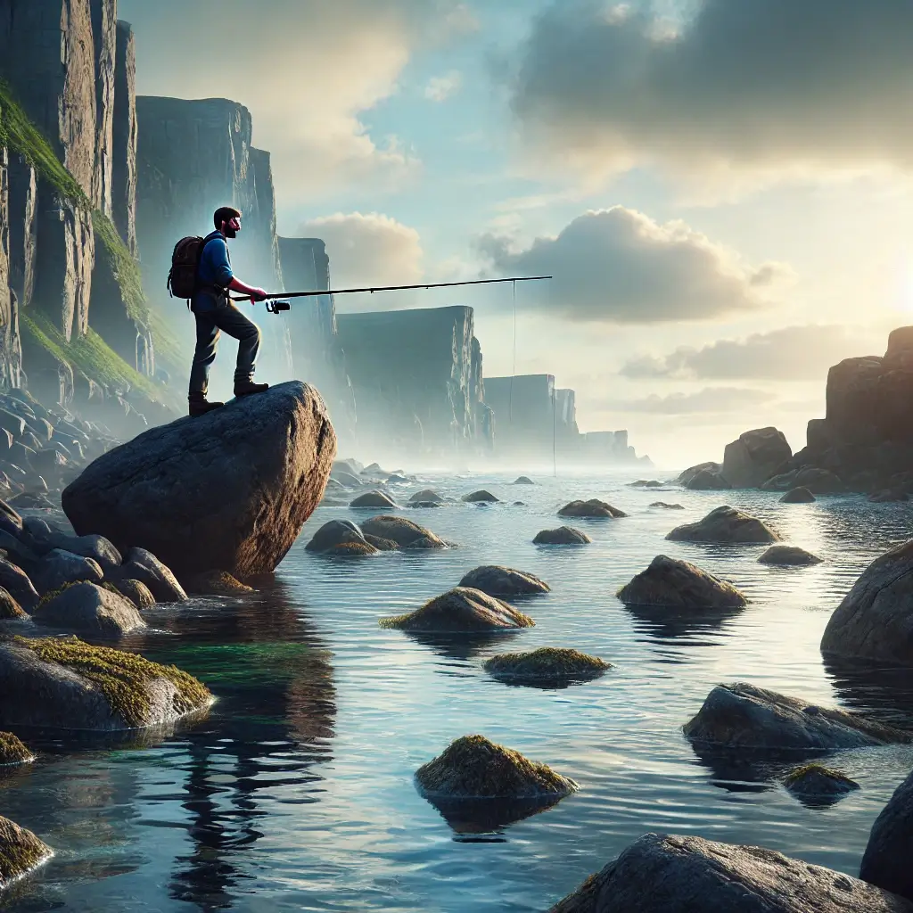갯바위에서 낚시하는 남자의 사실적인 이미지.