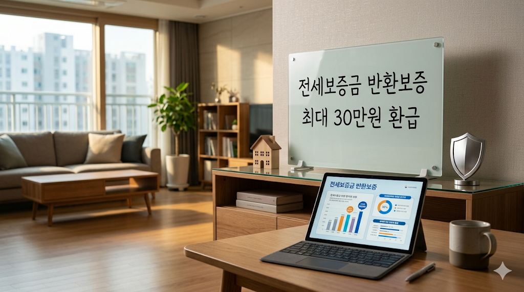한국의 현대적인 아파트 거실을 배경으로 한 고화질 실사 사진(Photorealistic). 따뜻한 햇살이 들어오는 거실 테이블 위에 세련된 태블릿 PC가 놓여 있고, 화면에는 인포그래픽 차트가 띄워져 있습니다. 거실 한쪽 투명한 유리 보드판 위에는 깔끔하고 선명한 검은색 고딕 스타일의 한글 폰트로 "전세보증금 반환보증" 및 "최대 30만원 환급"이라는 글자가 정교하게 적혀 있습니다. 주변에는 깔끔한 주택 모양의 미니어처 오브제와 안전을 상징하는 금속 방패 소품이 자연스럽게 배치되어 있습니다. 부드러운 자연광, 얕은 심도(Out of focus)로 배경의 가구들이 세련되게 흐려지는 효과, DSLR 50mm 렌즈로 촬영한 듯한 생생하고 전문적인 비즈니스 라이프스타일 사진, 8K 해상도 --ar 16:9