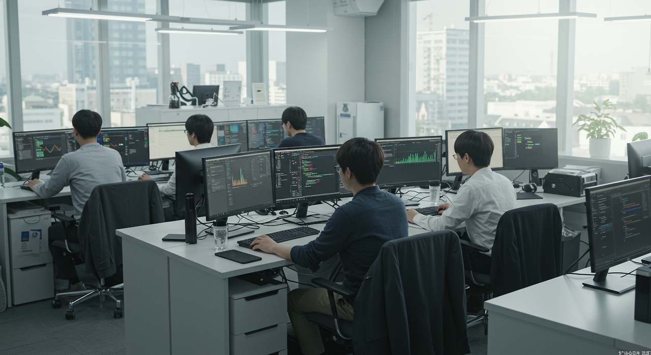 현대식 사무실에서 AI 금융 응용 프로그램을 개발 중인 기술자들
