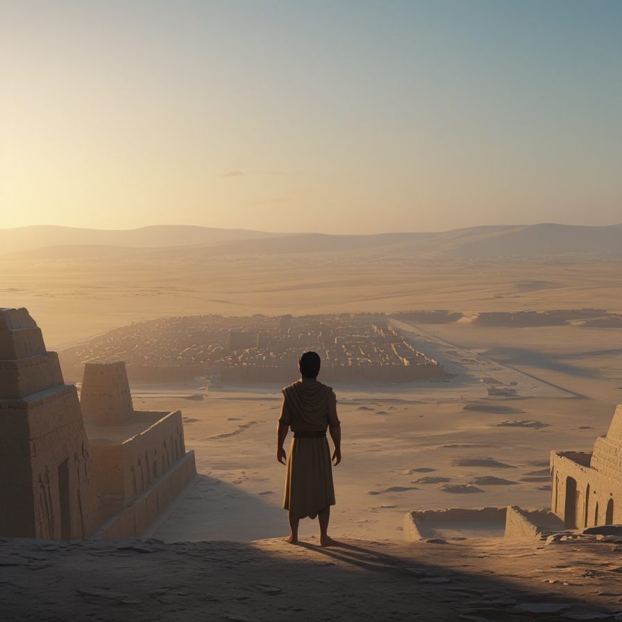 문명의 중심을 등지고 알 수 없는 땅을 향해 나아가려는 아브라함의 결단을 상징적으로 표현한 장면