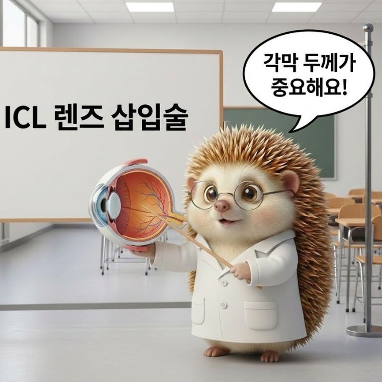 의사 가운 입은 도치씨가 눈 모형을 들고 "각막 두께가 중요해요!" 설명하는 모습