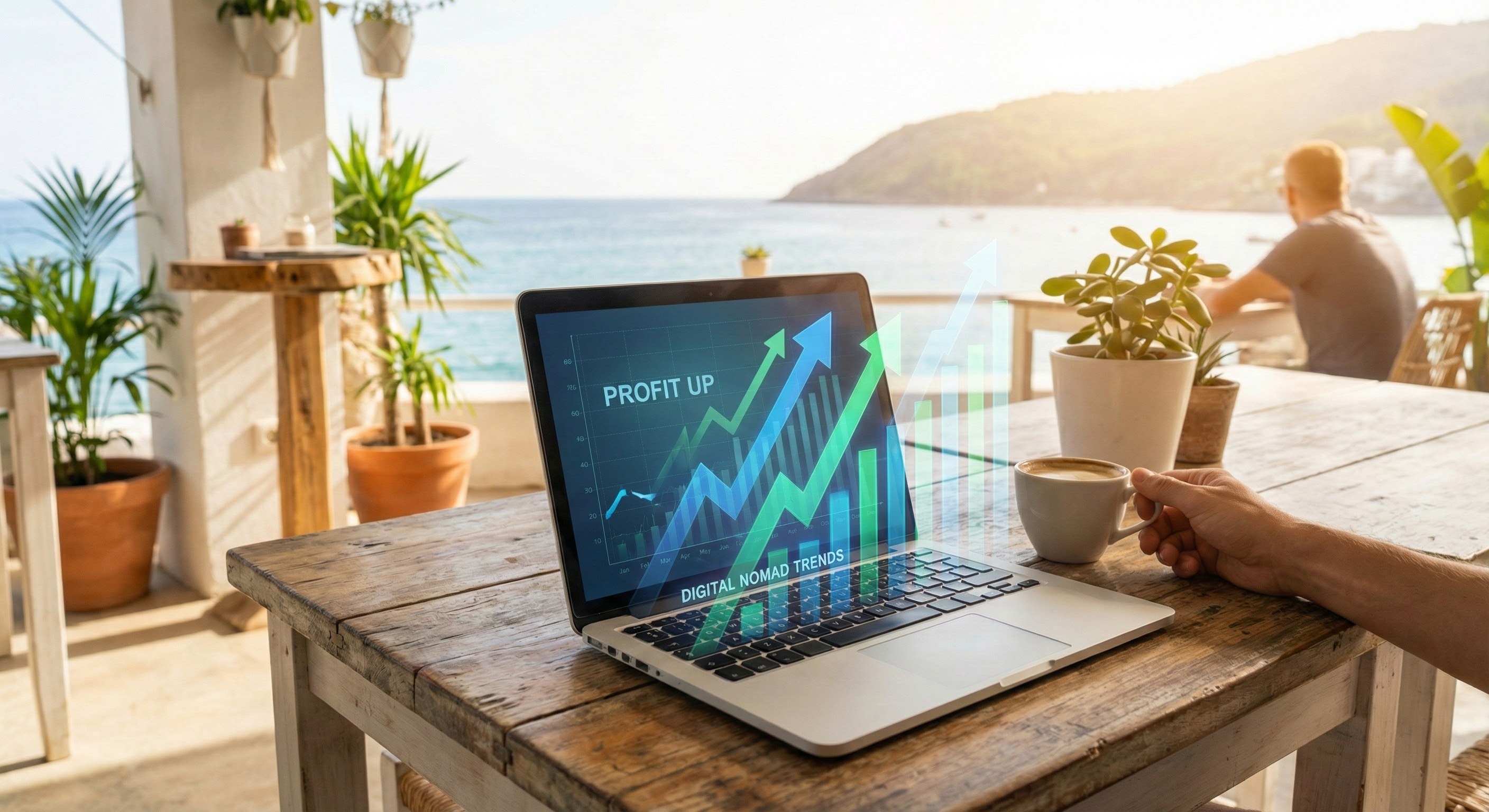 AI 기술을 활용하여 장소에 구애받지 않고 수익을 창출하는 디지털 노마드의 모습