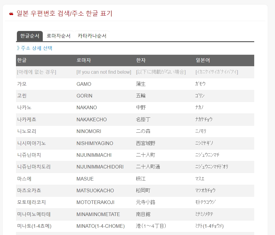 일본 상세 주소를 선택하는 마지막 단계